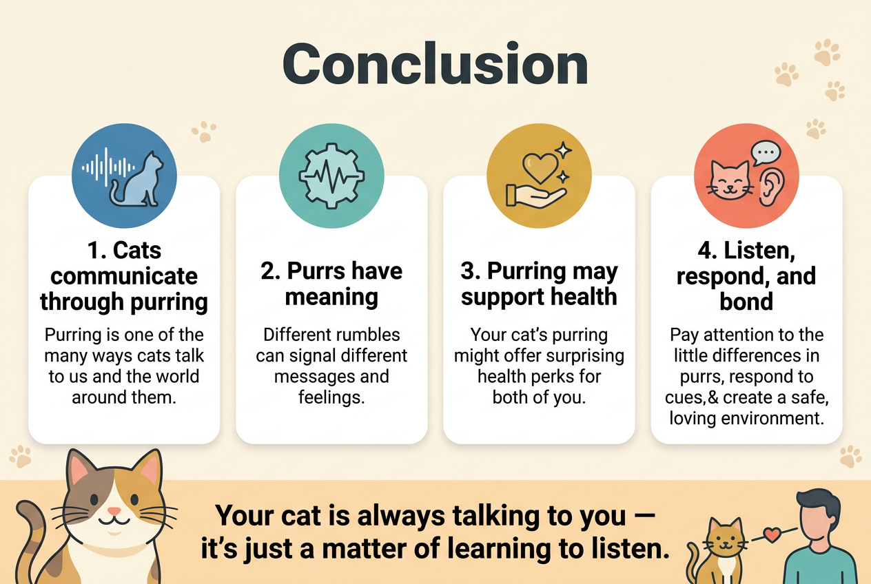 Aspect ratio 3:2, full-bleed clean professional infographic, modern flat vector style, soft warm cat-friendly palette of teal, cream, coral, gold, dark charcoal text, subtle paw-print accents, clear hierarchy, wide horizontal layout with multiple sections, no poster frame, no inset margins.Top center: large bold heading in dark charcoal text: "Conclusion"Below the heading, across the page in a 4-section horizontal grid with rounded white cards and colored icon circles:Section 1 on the left: a blue circular icon with a soundwave and cat silhouette. Bold subheading: "1. Cats communicate through purring" Smaller supporting text: "Purring is one of the many ways cats talk to us and the world around them."Section 2 left-center: a teal circular icon with a small mechanical/heartbeat-style purr waveform. Bold subheading: "2. Purrs have meaning" Smaller supporting text: "Different rumbles can signal different messages and feelings."Section 3 right-center: a gold circular icon with a heart, a hand, and a healing sparkle. Bold subheading: "3. Purring may support health" Smaller supporting text: "Your cat's purring might offer surprising health perks for both of you."Section 4 on the right: a coral circular icon with a cat face, ear, and speech bubble. Bold subheading: "4. Listen, respond, and bond" Smaller supporting text: "Pay attention to the little differences in purrs, respond to cues, and create a safe, loving environment."Bottom wide banner spanning the full width with a large friendly cat illustration on the left and a bond line graphic connecting cat and human on the right. Centered bold closing statement in dark charcoal text: "Your cat is always talking to you — it's just a matter of learning to listen."Use clean sans-serif font, bold headings, smaller readable body text, balanced spacing, crisp icons, professional educational infographic layout.